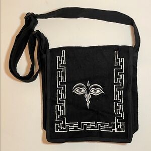 Black Buddha Eye Embroidery Crossbody Messenger Bag Goth Boho Indie Mystical Y2K